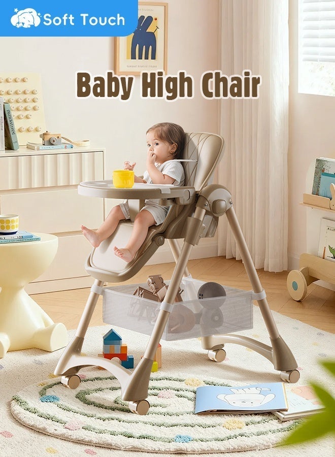 Soft Touch 3-in-1 Baby High Chair, Foldable Toddler Feeding Chair with Removable Soft Cushion and Double Tray, 8 Height Levels, 4 Recline Positions, Baby Dining Chair with Wheels and Storage Basket, Baby Dining Chair for 6–36 Months (Beige) - Image 2